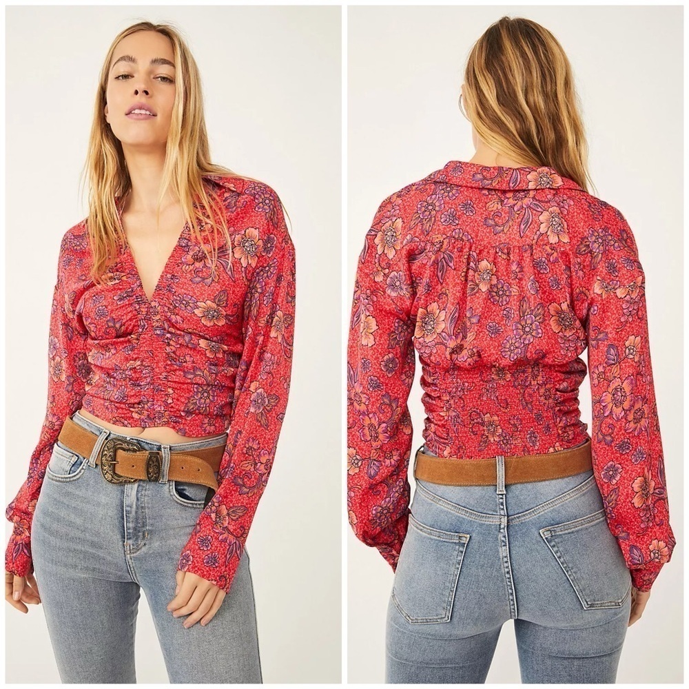 Free People Womens Top Red Pink Floral I Got You Printed Long Sleeve Sz XS